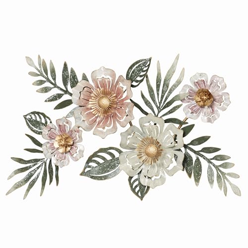Floral Sway Wall Art Sculpture | Flower Blossoms | Bloom Metal Wall Art Decor | Hanging Wall Decor | Leaf | Pastel Pink Ivory Gold | Horizontal Vertical Nature | Handpainted | Dimensional Home Accent