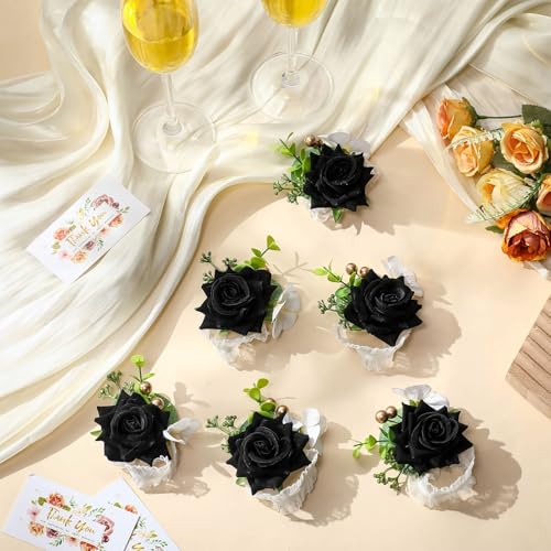 Sherr 20 Pcs Black Rose Wrist Corsage and Boutonnier Set Wedding Flower Corsage Wristlet Band Bracelet Bridegroom Men's Boutonniere Wristlet Hand Flower for Wedding Bouquets Supplies - color: Black