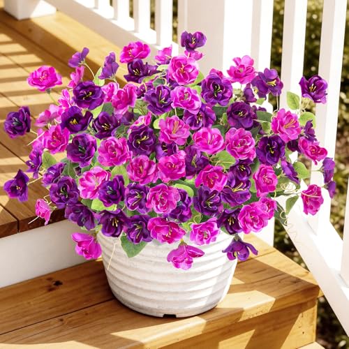 Artificial Flowers for Outdoors, 6 Bundles Silk Fake Hibiscus Flowers for Spring Summer Decoration, UV Resistant Fake Plants Plastic Bouquet for Home Planter Porch Patio Yard Decor(Light Purple Red) - color: A-light Purple Red