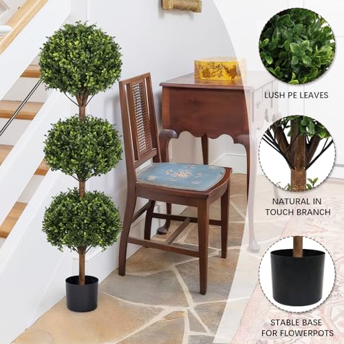 THE BLOOM TIMES 55" Artificial Boxwood Triple Ball Topiary Trees, UV Resistant Large Tall Fake Potted Plants for Outdoor Planter, Realistic Faux Bushes Shrubs for Front Porch Outside Decor Set of 2 - color: Boxwood-dark Green, size: 55 inch