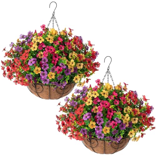 HyeFlora 2 Set Artificial Outdoor Flowers Hanging Basket, Faux Hanging Plants for Outside Spring Decoration, Fake Silk UV Resistant Look Real Daisy for Porch Patio Home Decor - color: 4 Multicolor