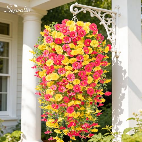 Serwalin Artificial Hanging Flowers for Outdoors UV Resistant, 4PCS Faux Morning Glory Fake Outdoor Flowers Realistic Silk Flower Plants for Outside Planter Front Door Porch Patio Yard Decor - color: Yellow& Hot Pink