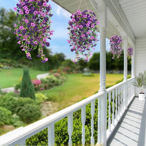 Artificial Fake Hanging Flowers Plants for Outdoor Outside Spring Summer Decoration 2PCS Faux Silk UV Resistant Realistic Mums Daisy with Eucalyptus for Home Porch Patio Balcony(Purple & Magenta) - color: Purple & Magenta