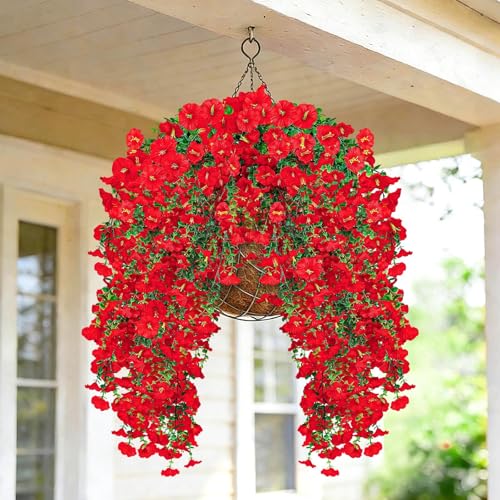Artificial Hanging Flowers for Outdoors, 4Pcs UV Resistant Artificial Hanging Morning Glory Flowers, Spring Realistic Faux Outdoor Flower for Porch Patio Yard Garden Farmhouse Decor (Red) - color: Red