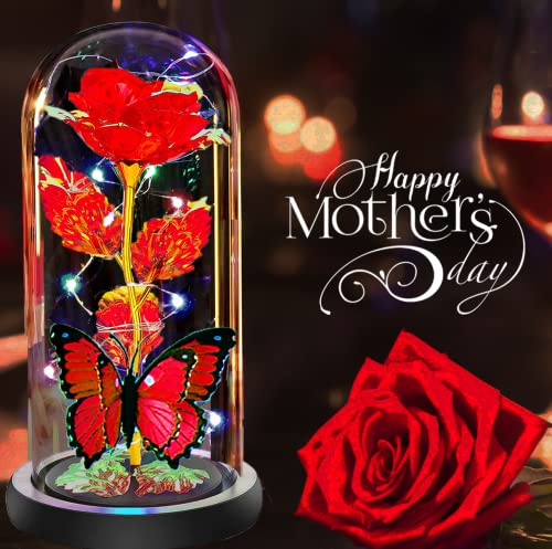 Mothers Day Rose Flower Gifts for Mom, Birthday Gifts for Women, Galaxy Crystal Light Up Rose Flowers in A Glass Dome, Mother Day Presents Wife Grandma Sister Her Mom from Daughter Butterfly Red - color: A-red