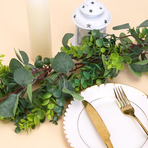 JPSOR 2pcs Artificial Eucalyptus Garland Total 13.2ft Greenery Garland Fake Eucalyptus Leaves for Wedding Arch Farmhouse Mantle Table Runner Centerpiece Home Party Decor - size: 2pcs of vines