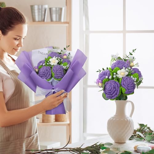 Crochet Flowers Bouquet, Handmade Knitted Rose Bouquet with Gift Bag for Home Deocor, Crocheted Finished Flower for Wedding, Mother's Day, Teachers' Day and Valentine's Day, Purple - color: Purple