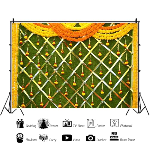 9x6ft India Pooja Photography Backdrop Yellow Flower Green Flower Wall Hindu Photography Background Indian Wedding Puja Ganpati Pooja Traditional Mehndi Festival for Kids Adult Studio Video - size: 9x6ft