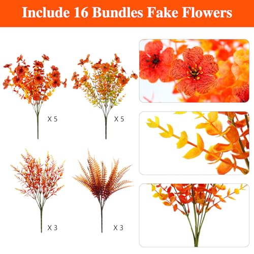 16PCS Artificial Fall Flowers for Outdoors, Realistic Faux Silk Flowers with Eucalyptus & Ferns, Fake Plants for Outside Planter, Patio, Porch, Garden Decor(Mixed) - color: Mix Fall, size: 16PCS