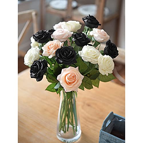 FiveSeasonStuff Fake Black Roses Wedding Flowers Real Touch Silk Artificial Flowers 12 Stems - color: Black