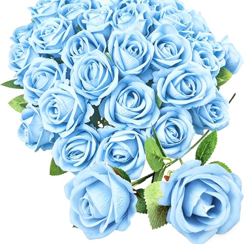 Rose Artificial Flowers Velvet Bouquet with Long Stem Real Touch Fake Roses Florals for Bridal Wedding Bouquet Party Arrangement Centerpiece Decorations (36, Light Blue) - color: Light Blue