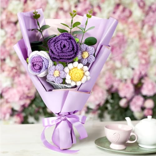 Omldggr Completed Crochet Flower Bouquet, Purple Handmane Knitted Bouquet, Rose Daisy Mix Crochet Bouquet Flowers for Mother's Day Graduation Birthday Wedding Valentine Day Gifts (with Card) - color: Purple-rose