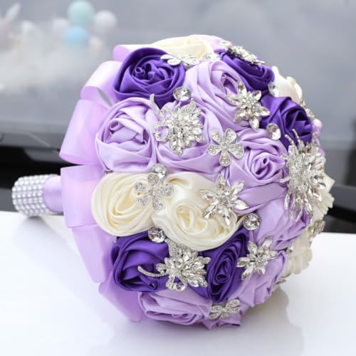 Purple Bridal Wedding Bouquet Handmade with Luxury Silver Rhinestone Brooch for Bride Bridesmaid Quinceanera Satin Rose Flower Bouquet Wedding Purple Lavender and Ivory 8.7inch - color: Purple, Lavender & Ivory, size: Large (DIA. 8.7"/22cm)