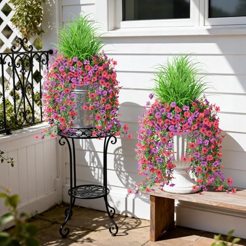 Artificial Hanging Flowers for Outdoors with Wheat Grass, 5 Pcs Fake Hanging Plants for Spring Decor, UV Resistant Faux Silk Flower Greenry for Planter Porch Patio Yard Garden(Purple Hot Pink) - color: Z Purple Hot Pink With Grass