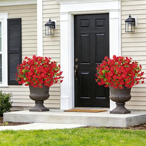Roberly 12 Bundles Artificial Flowers for Outdoors, Fake Flowers Silk Morning Glory with Eucalyptus UV Resistant Faux Plants for Spring Summer Garden Outside Porch Patio Yard Home Decor, Red - color: Red