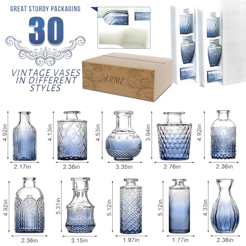 Arme Bud Vases Set of 32, Blue Vase for Centerpieces, Clear Bud Vase in Bulk, Mini Flower Vintage Cute Vases for Centerpieces, Small Glass Vases for Wedding Decor, Home Table Flower Décor - color: Blue-32pcs, size: 32 Pcs