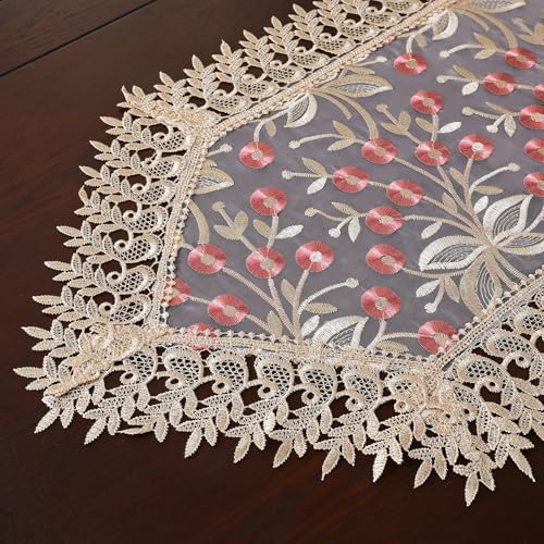 Lace Table Runner Floral Embroidery Fabric Rustic Table Runners Elegant Chic Table Transparent Cover for Home Dining Room Tabletop Decor Wedding Party Dresser (Champagne&Pink, 16 x 70 Inch) - color: Champagne&pink, size: 16 x 70 Inch