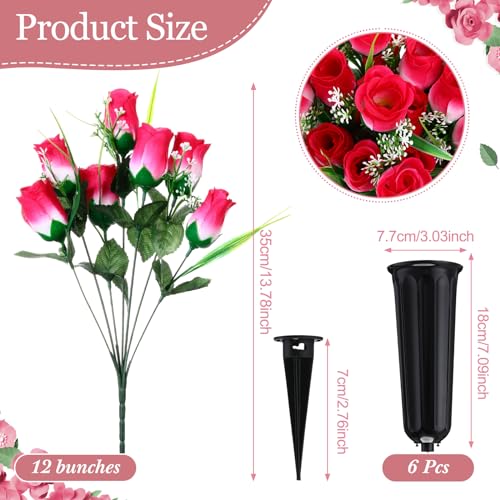 Tigeen 6 Sets Father's Day Cemetery Flowers with Grave Vase 12 Bunches Artificial Rose Memorial Bouquet 84 Heads Fake Silk Flower for Dad Gravesite Graveside Decor(Pink) - color: Pink