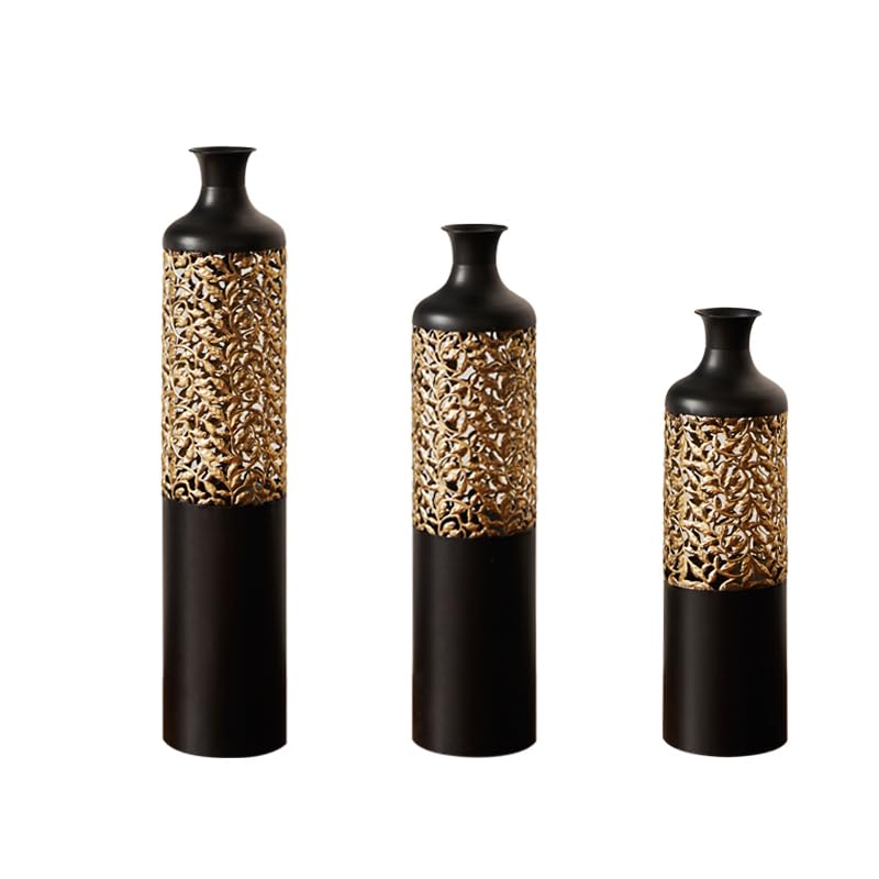 Metal Floor Vases Decorative, Set of 3 Flower Arrangement Stand, Metal Decorative Vase Tall Distressed Metallic Centerpiece Vases with 3D Triangle Pattern, 28.7", 24.8", 20.8" H (Black＆Gold) - color: Black＆gold