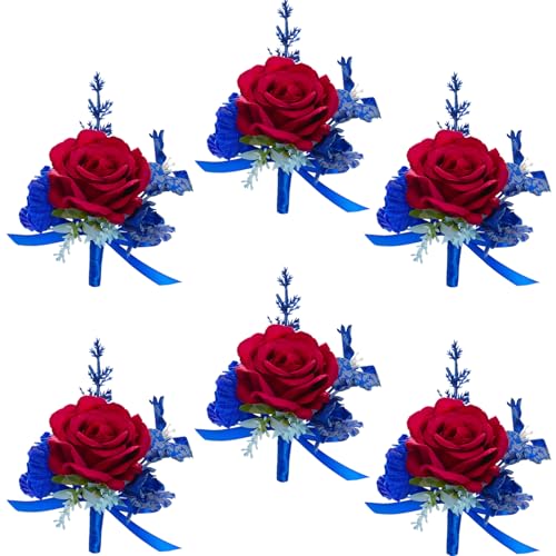 AuroraAria Red-Blue Boutonniere for Men,Set of 6,Groom Boutonniere for Wedding,Anniversary,Homecoming,Formal Dinner Party,Wedding Decor,Artificial Red Rose - color: Red-blue