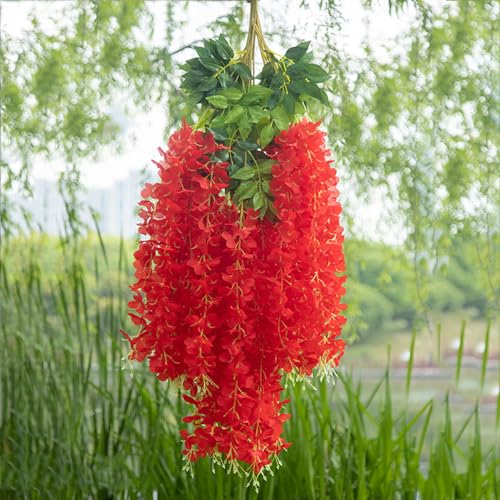 WEISPARK Fake Hanging Flowers - 12 Pieces 3.75 Feet/Piece Artificial Wisteria Vine Ratta Hanging Garland Silk Flowers for Home Party Wedding Decor (Red) - color: Red