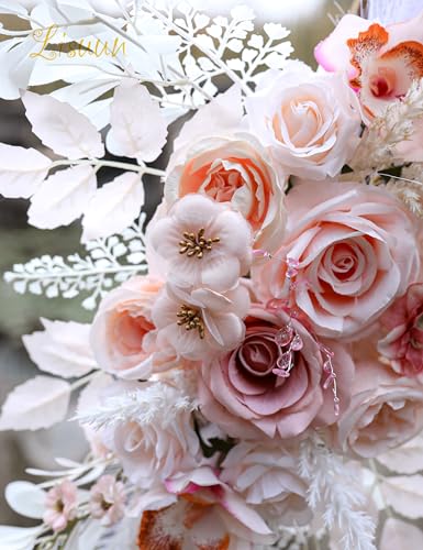 Lisuun Wedding Arch Flowers, Artificial Flowers for Decoration, Large Flower Swag for Boho Styles Wedding Ceremony Floral Decor - Pack of 2 - color: Salmon Pink&pampas White