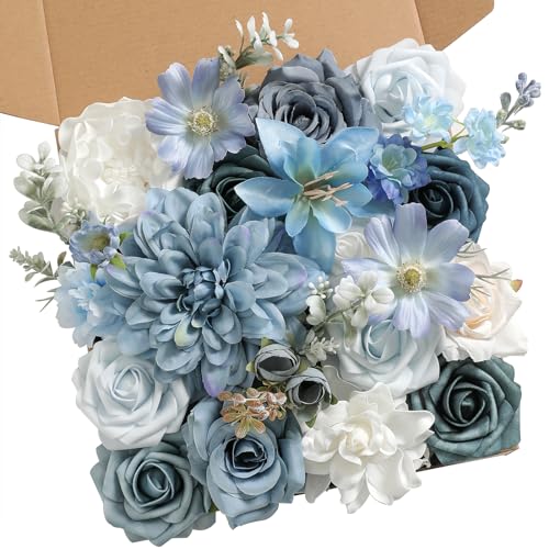 rongflower Blue Artificial Flowers Combo Set Fake Flower Leaf Box with Stemst for DIY Wedding Bridal Bouquet, Centerpieces, Home Decor, Floral Arrangement Decor(Blue) - color: Blue
