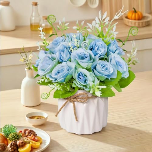 Fake Flowers with Vase,Blue Roses Artificial Flowers in Vase | Faux Flower Plant Arrangement,No Maintenance Faux Flower Arrangement, 6.3 Inch Realistic Table Decor for Home Office Wedding - color: Blue