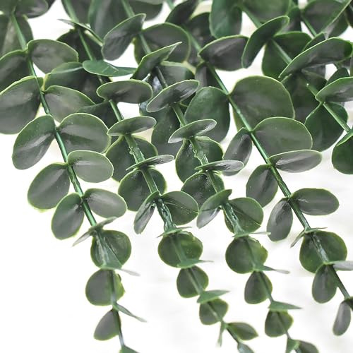 ABAJI Plastic Eucalyptus Deep Green Stems 12 Fake Faux Decorations Artificial Leaves Greenery Plant Leaf Home Office House Table Desk Decor Wedding Party Vase Forever Live - color: Deep Green