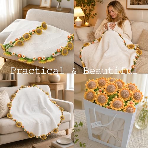 Crochet Flower Bouquet Throw Blanket, Cute Romantic Gift for Her Girlfriend Mom Mother’s Day Valentine Wedding Anniversary Birthday (White Sunflower, 40 inches) - color: White Sunflower, size: 40 inches