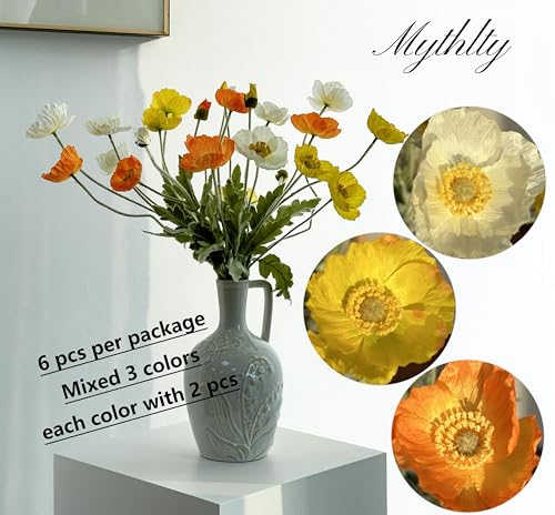 Set of 6 Multicolour Artificial Poppy Flowers, Silk Flowers with Stems for Vase Arrange for Wedding Party Home Office Indoor Kitchen Dining Table Centerpiece Decoration (White Yellow Orange) - color: White Yellow Orange