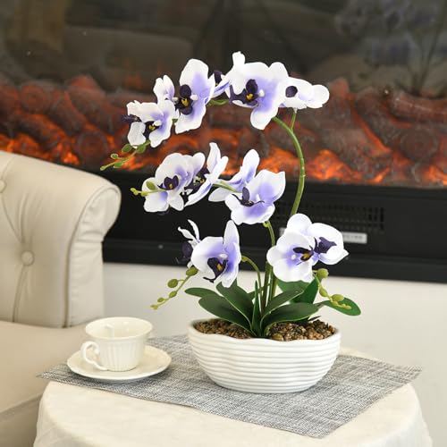 19" H Phalaenopsis Faux Orchid Plant Silk Orchid Centerpiece Artificial Floral Arrangement in Ceramic Pot (White and Purple) - color: White and Purple