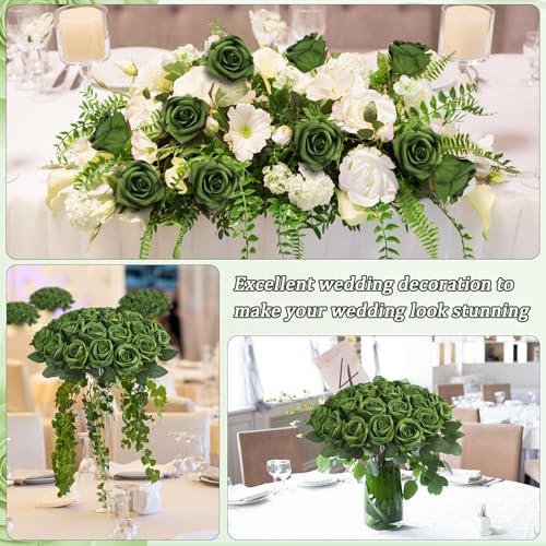 30pcs Fake Roses Artificial Silk Flowers Long Stems Bouquet for Wedding Bridal Shower Party Home Decoration (Green) - color: Green