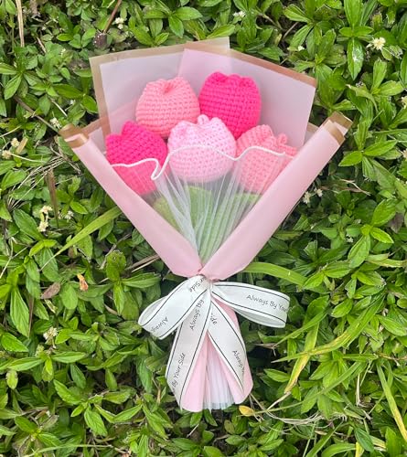 Rimvoe Crochet Tulip Flower Bouquet, Handmade Knitted Artificial Tulip Flowers, Gift for Mom Wife Women(Pink)