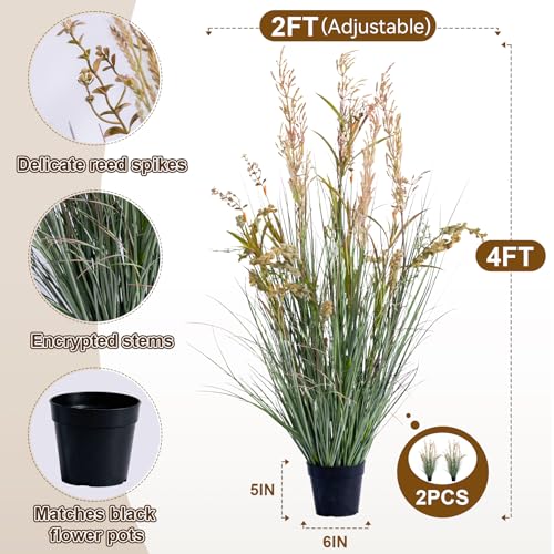 2 Pack Fake Grass Faux Plastic plantas Synthetic Pampas Grass Indoor Outdoor Realistic Floor Plants Artificial Cattail Reed Grass for Home Office Wedding Patio Front Decor Housewarming Gift - color: Pink, size: 4FT