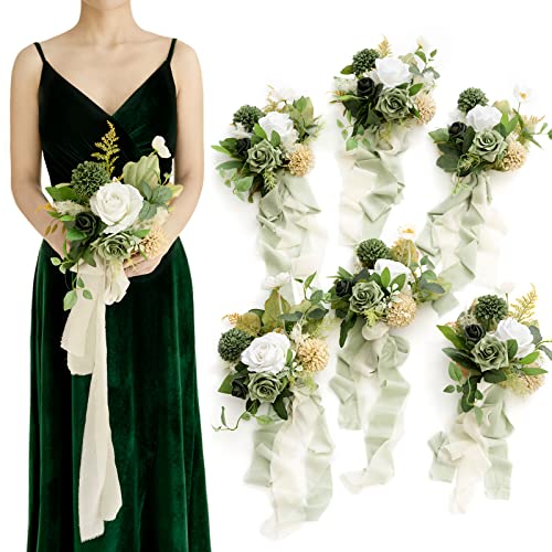 Ling's moment Artificial Flowers Green Bridesmaid Bouquet Set of 6, Emerald Beige Wedding Flowers Bouquets for Bridesmaids, 7 Inch Bridal Bouquets for Bridesmaids, Wedding, Ceremony, etc - color: Grn-emerald & Tawny Beige