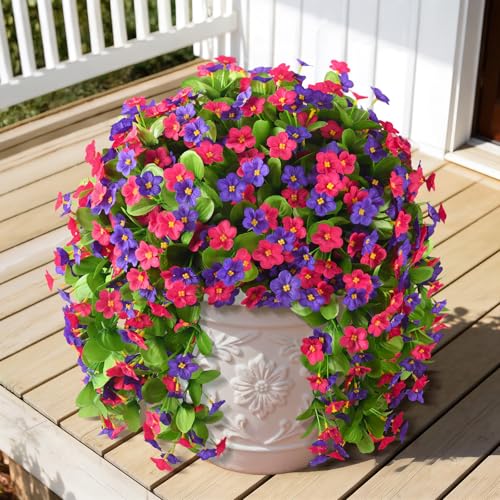 Artificial Fake Hanging Flowers for Outdoors, 2 Pcs Artificial Hanging Plants Outdoors Spring Summer Decor, UV Resistant Faux Violet Silk Flowers for Planters Front Door Yard Garden(Purple Rose Red) - color: Purple Rose Red