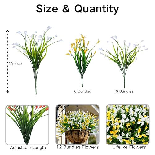 INXUGAO 12 Bundles Calla Lily Artificial Flowers for Outdoors, UV Resistant Faux Plastic Flowers for Home Porch Yards, Fake Plants for Spring Summer Cemetery Decor (Yellow White) - color: Yellow White, size: 12 Pcs