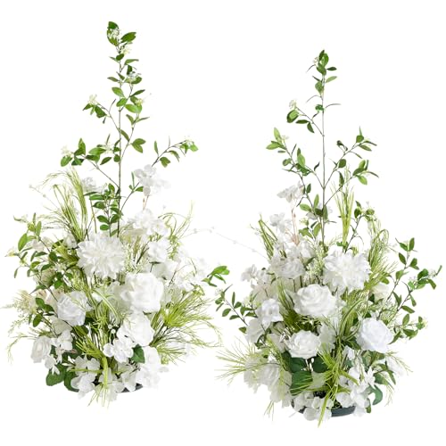 Ling's moment 36" Free-Standing Wedding Aisle Artificial Flowers for Ceremony Decor, 2PCS White Walkway Floral Chair Markers, Faux Rose Altar Arch Arrangement Spring Decorations Outdoor - color: Wht-white & Lily & Olive