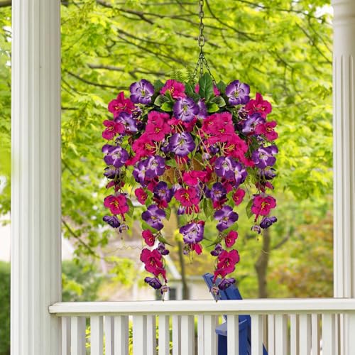 Artificial Fake Hanging Flowers Plants for Outdoor, Faux Silk Hibiscus Long Trailing Vines Realistic UV Resistant for Home Outside Front Porch Planter Patio Yard Decor (Purple+Purple Red) - color: Purple+purple Red