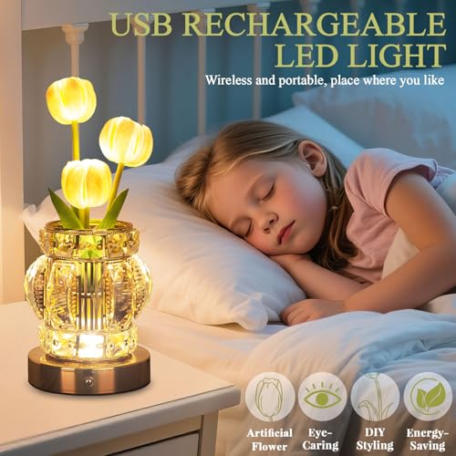 Tulip Table Lamp, Rechargeable Cordless Touch Dimming Artificial Tulip Flower Desk Lamp, LED Crystal Lamp Flower Bedside Night Light, Romantic Gifts for Girl Women Mom (White - Tulip) - color: White - Tulip