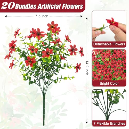Bassion 20 Bundles Artificial Flowers for Outdoors Decorations, UV Resistant Faux Plants Fake Silk Flowers for Outside Daisy Hanging Planters Window Box Front Door Porch Patio Yard Home Decor - color: Red
