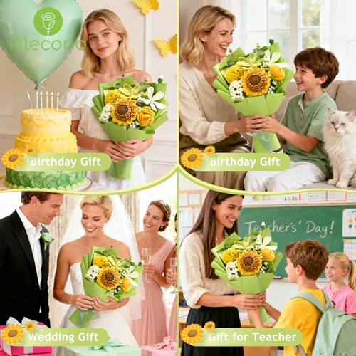 Alecono Crochet Flower Bouquet, Green Knitted Flowers, Crochet Sunflowers for Mother's Day Anniversary Birthday Graduation Lover Valentine Day Gifts (with Card) - color: Green, size: Large