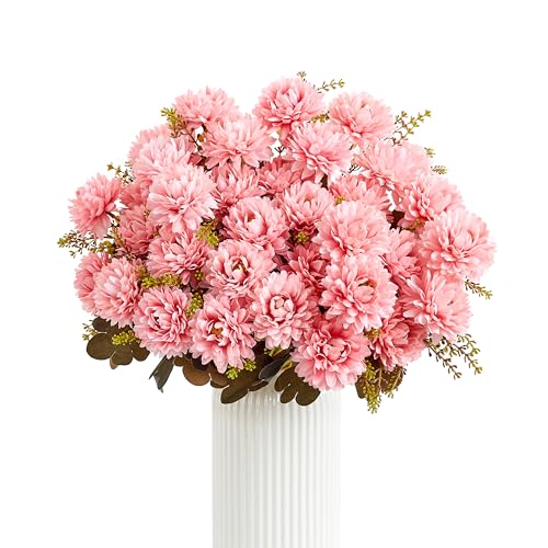 18 Heads Pink Artificial Chrysanthemum Flowers Fake Mums Pink Kiku Ball Flowers Bouquet Silk Chrysanthemums for Indoor Outdoor Table Centerpiece Vase Pots Wedding Decoration, 2 Pcs - color: Pink Chrysanthemum