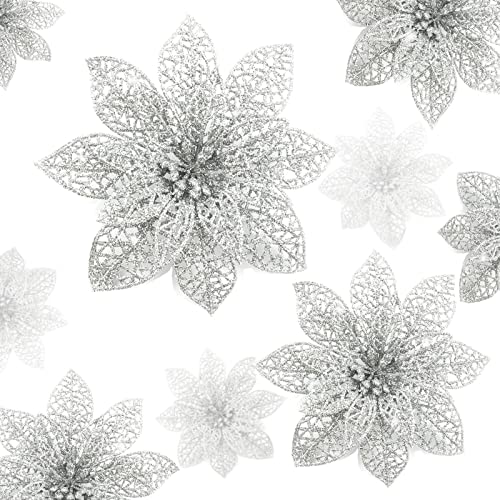 Wironlst 24 Pieces Glitter Poinsettia Flowers Christmas Tree Ornaments, Glitzy Poinsettia Bushes Christmas Decorations for Xmas/Holiday/Seasonal/Wedding (Silver) - color: Silver