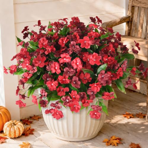 Hommyea Artificial Fake Flowers for Outdoor, 6 Bundles UV Resistant Faux Plants Decoration Silk Flowers No Fade Plastic Flowers for Outside Planters Home Porch Patio Yard Garden Decor(Purple) - color: Red,brown