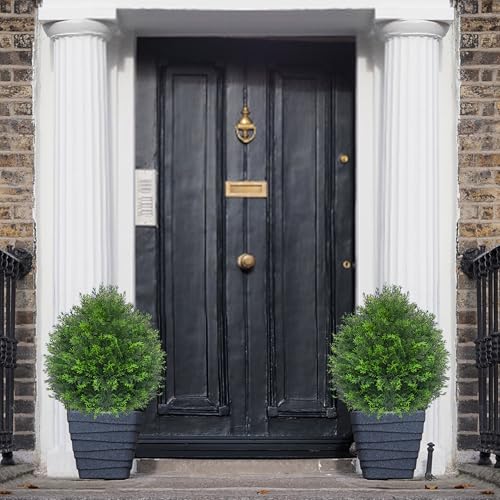 27.5" Artificial Cedar Topiary Tree with Ground Spike, Set of 2 Artificial Cypress Trees Faux Shrubs, UV Resistant Artificial Outdoor Shrubs Plants for Porch Garden Front Porch Decor - size: 2ft 4in