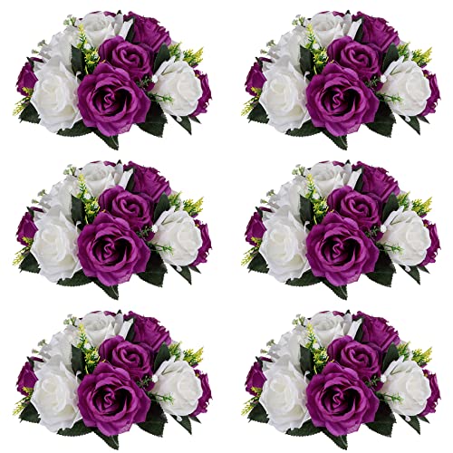 NUPTIO Flower Balls Centerpieces for Tables: 6 Pcs Purple White Fake Roses | for Wedding Party Table Centerpiece - Artificial Flower Arrangements for Birthday Quinceanera Decorations - color: Purple & White, size: 6 Pcs