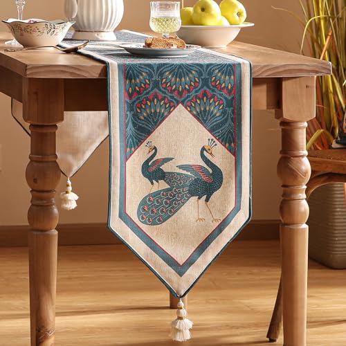 bilin gaier Linen Blue Table Runner 118 Inches Long,Vintage Rustic Farmhouse Bird and Flower Table Runners,Fall Table Decor for Christmas Thanksgiving Living Room Kitchen.12 x118-DorodangoA - color: Dorodangoa, size: 12"*118"
