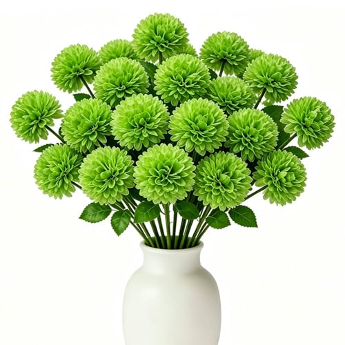 Floweroyal 24pcs Green Flowers Artificial Chrysanthemum Ball Silk Hydrangea Flowers Bridal Wedding Bouquet for Home Garden Party Office St Patricks Day Decor - color: Green-24pcs